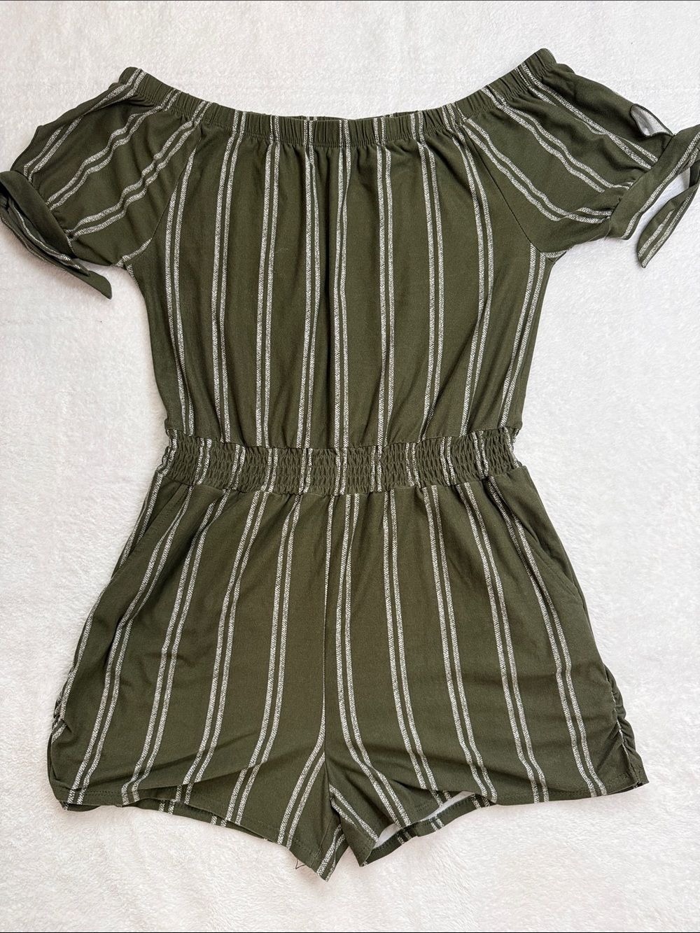 Olive Green Striped Off-Shoulder Romper with Pockets
